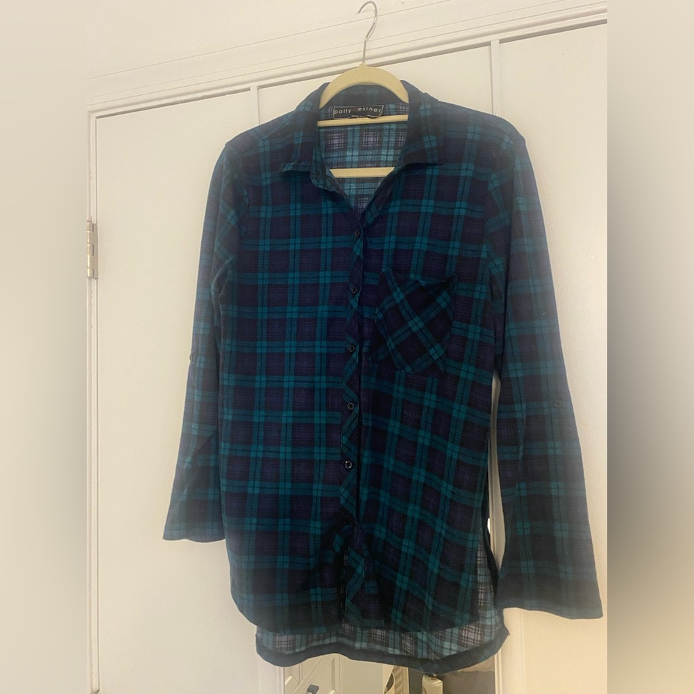 Navy blue and teal plaid shirt